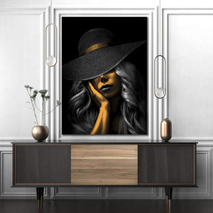 Set tablouri canvas black and gold HAT FLOWER WOMAN