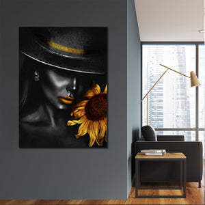 Set tablouri canvas black and gold HAT FLOWER WOMAN