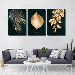 Set tablouri canvas floral moderne abstracte design interior elegant decoratiuni living sau dormitor verde cu auriu GOLDEN LEAF WALL ART