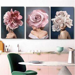 Set tablouri living sau dormitor femei cu flori roz si albastru design interior modern decoratiuni casa panza canvas - PINK FLOWER WOMAN