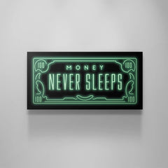 Tablou motivational Money never sleep 100 dolari bani cadouri barbati prieteni design interior birou decoratiuni casa negru si verde neon