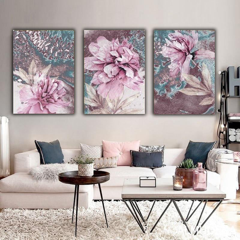 Set tablouri canvas cu flori roz modern pink abstract floral