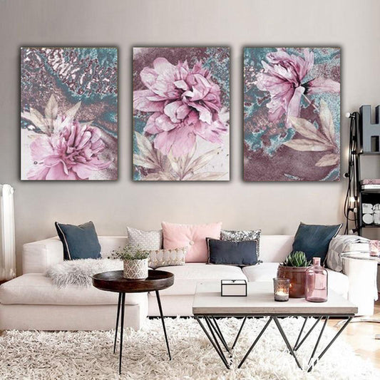 Set tablouri canvas cu flori roz modern pink abstract floral 3*75x100