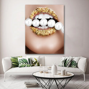 Tablou canvas buze aurii perle GOLD LIPS WHITE BEADS