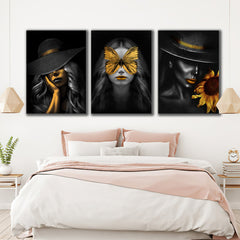 set Tablouri Canvas Design interior Modern Elegant femei flori Negru si Auriu Panza Canvas Rama Lemn - Black And Gold hat flower woman