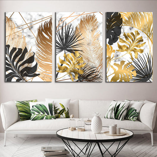 Set tablouri canvas marmura auriu si negru shinning leaf black and gold