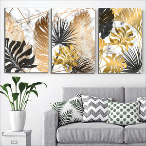 Set tablouri canvas marmura auriu si negru shinning leaf black and gold