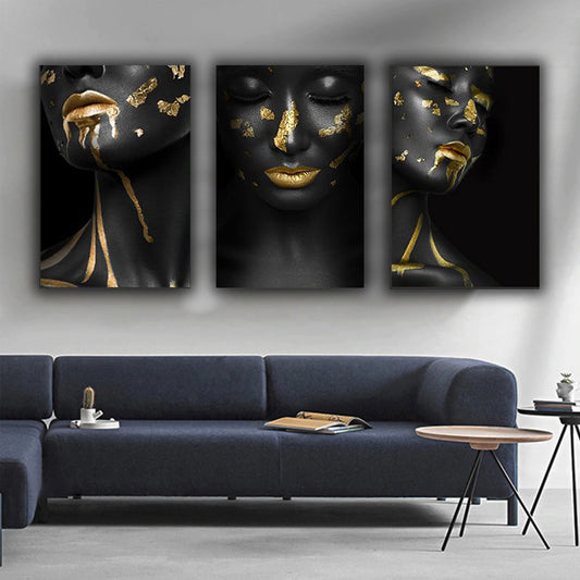 set Tablouri Canvas Moderne Design interior Femei Negru si Auriu Panză Canvas Rama de Lemn de Calitate Black And Gold Woman GOLD SEDUCTION