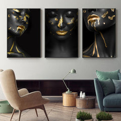 set Tablouri Canvas Moderne Design interior Femei Negru si Auriu Panză Canvas Rama de Lemn de Calitate Black And Gold Woman GOLD SEDUCTION