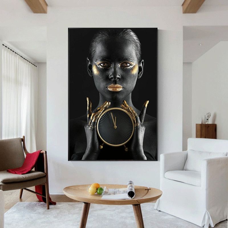 Tablou canvas portret femeie black and gold CLOCK WOMAN